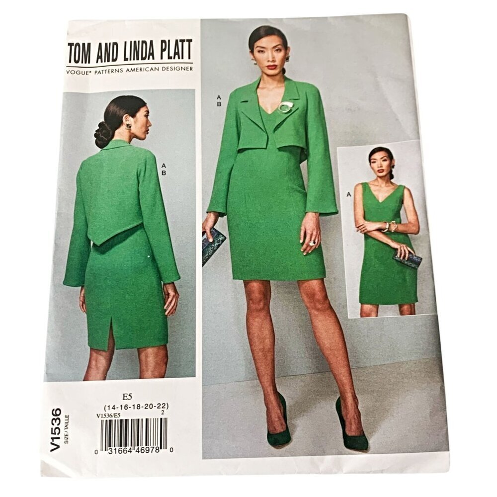 Vogue V1536 Sewing Pattern Misses Cropped Jacket V Neck Dress Uncut Size 14 - 22